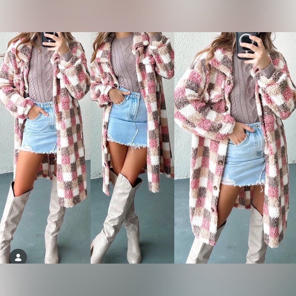 Plaid Pink and Cream Women's Coat